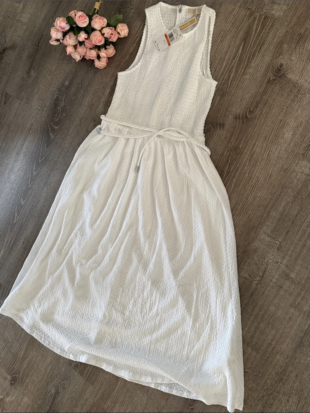 Michael Kors Sport Summer White Sleeveless Textured Maxi Dress with Tie Waist